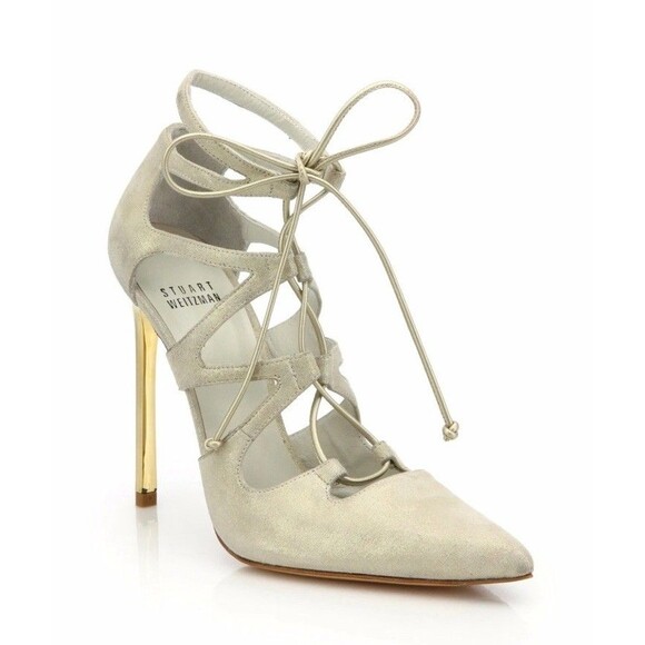 STUART WEITZMAN Excite Gold Suede Pumps Ulta Hi Stiletto Heels Leather Sz 7.5 M - Picture 3 of 15